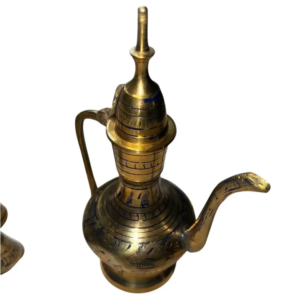 Vintage India Etched Brass Ewer Pitcher Decanter 6 Goblet Cup Set Ornate Boho